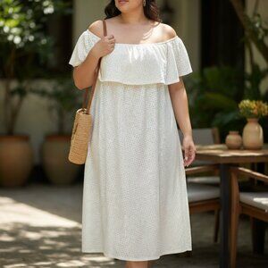 (F-151)Lola Grace Women’s Off Shoulder Midi Dress White‎ Eyelet Polka Dot Size X